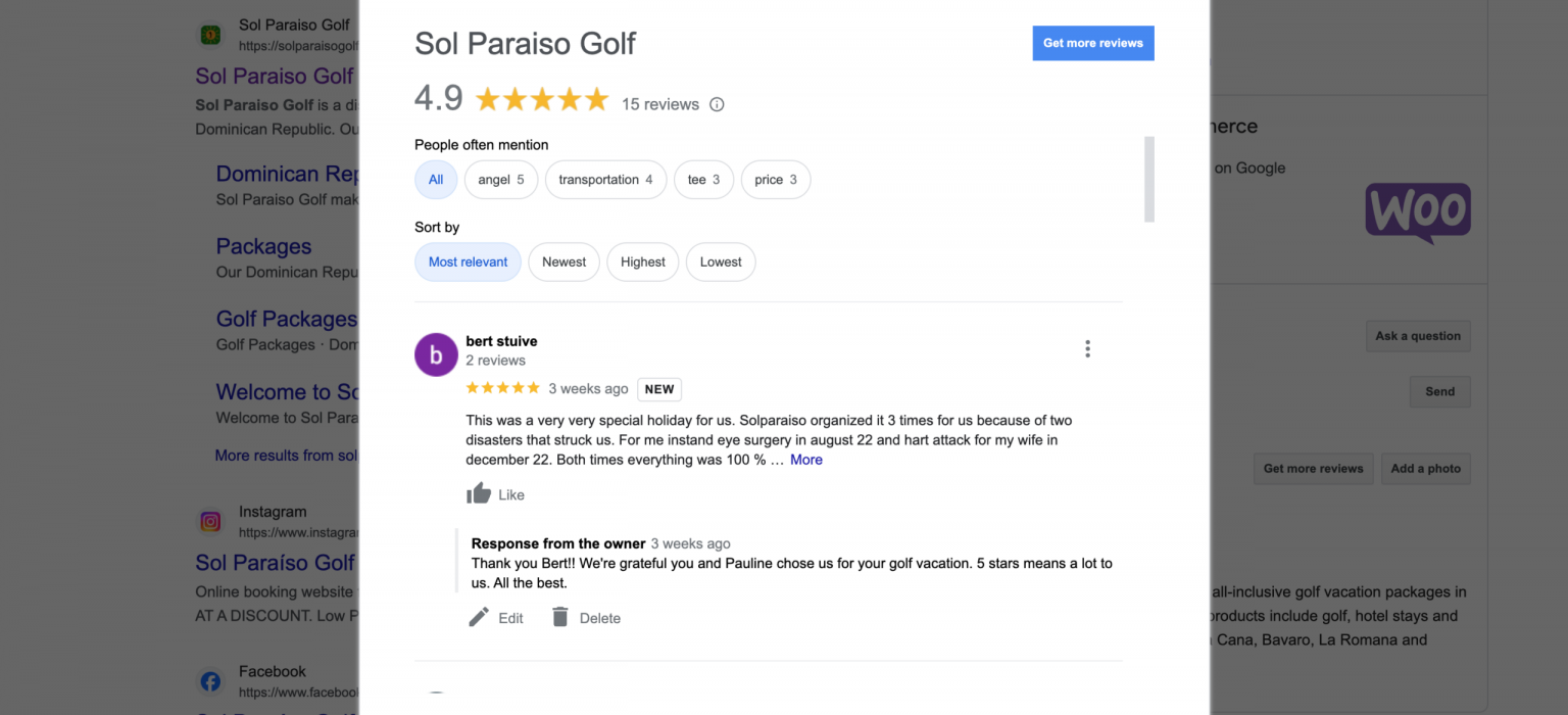 Sol Paraiso Golf google reviews.